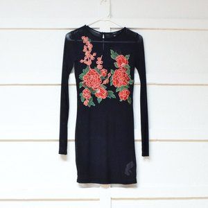 NWT Black Embroidered Rose Floral Sheer Mesh Net Bodycon Mini Dress | Size S